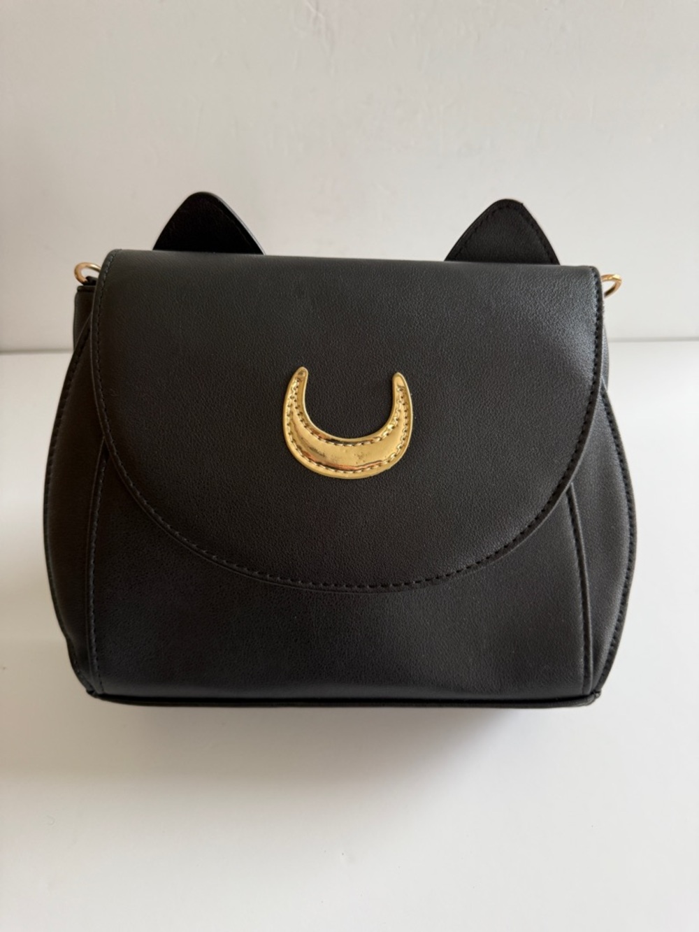 Sailor Moon Luna Cat Inspired Black Crossbody Bag with Gold Crescent Moon Accent